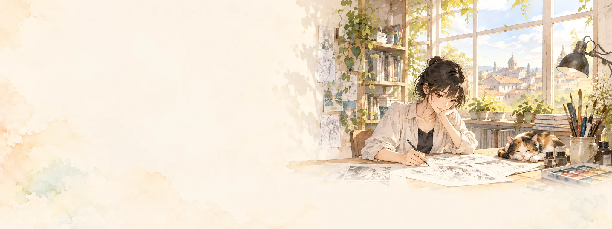 Manga creator drawing in a bright studio